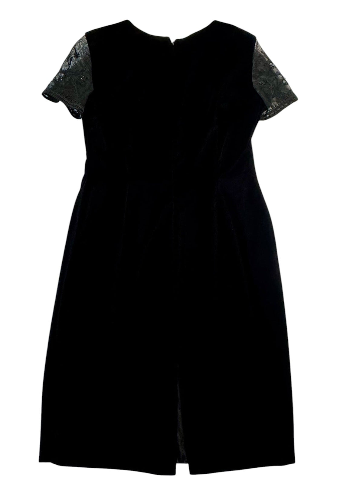 Maggy London Black Velvet Cocktail Dress with Sheer Embroidered Sleeves - Size 8