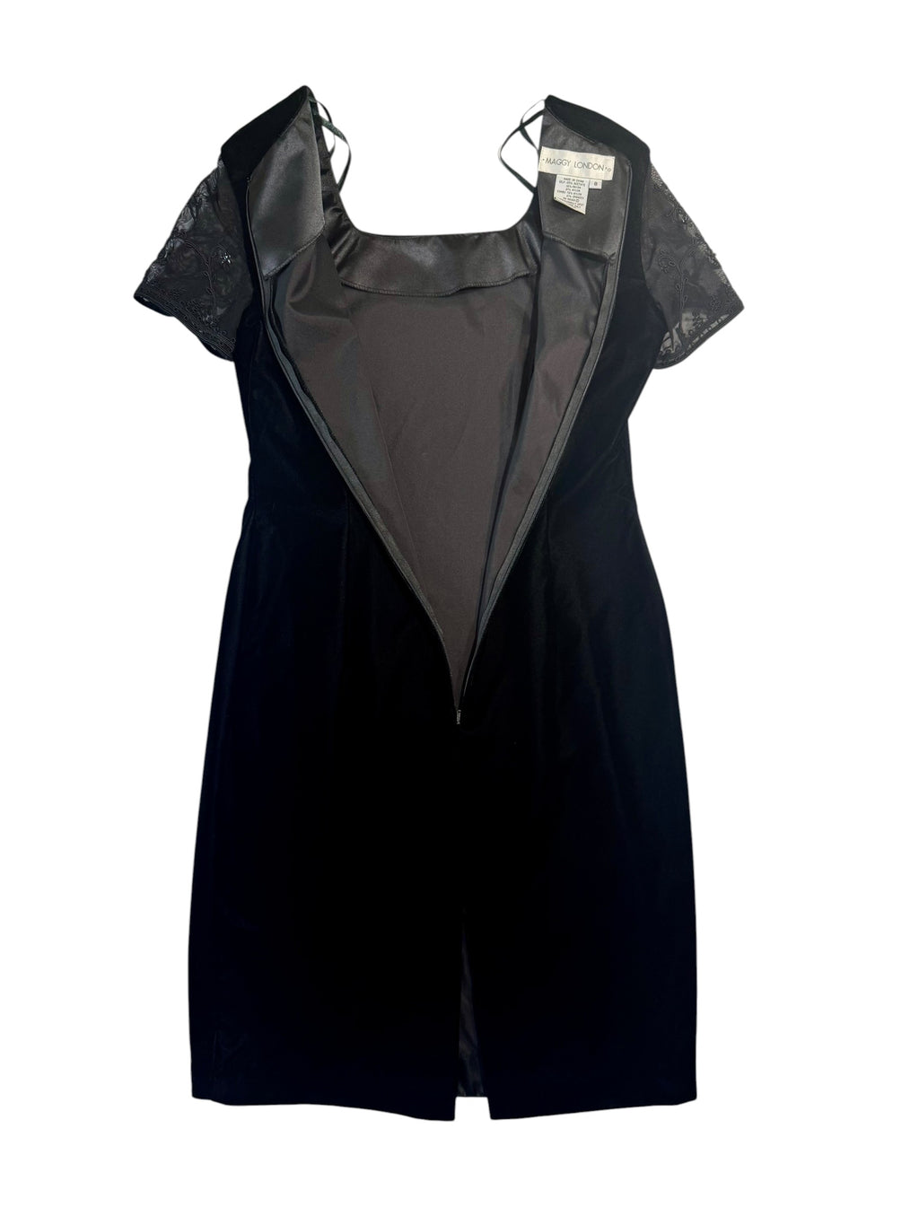 Maggy London Black Velvet Cocktail Dress with Sheer Embroidered Sleeves - Size 8