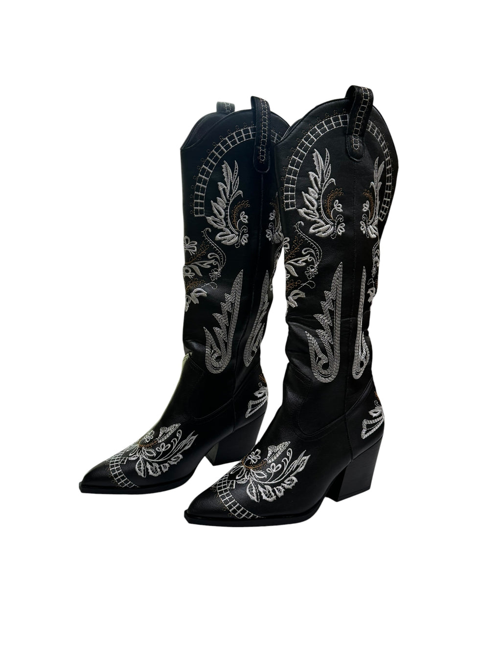 Women's Black Embroidered Western Cowboy Boots Mid-Calf Block Heel Size 41/10.5