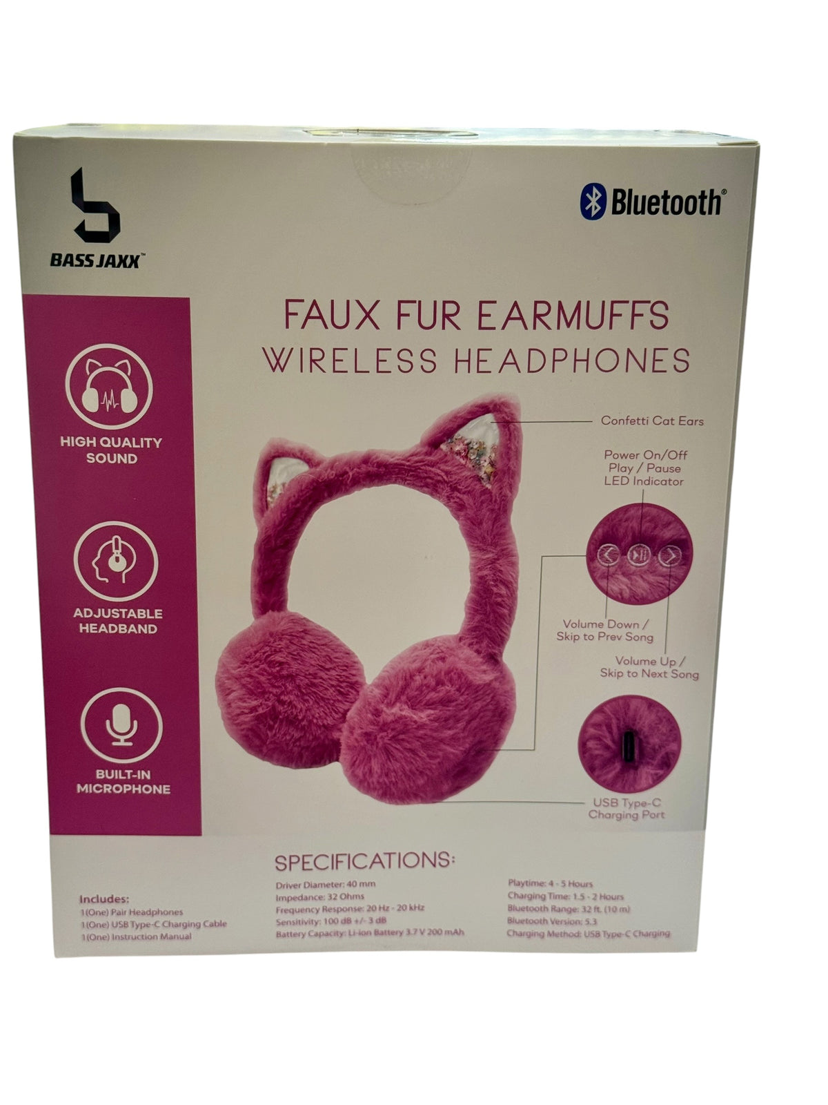 Faux Fur Earmuffs Wireless Headphones with Confetti Cat Ears
