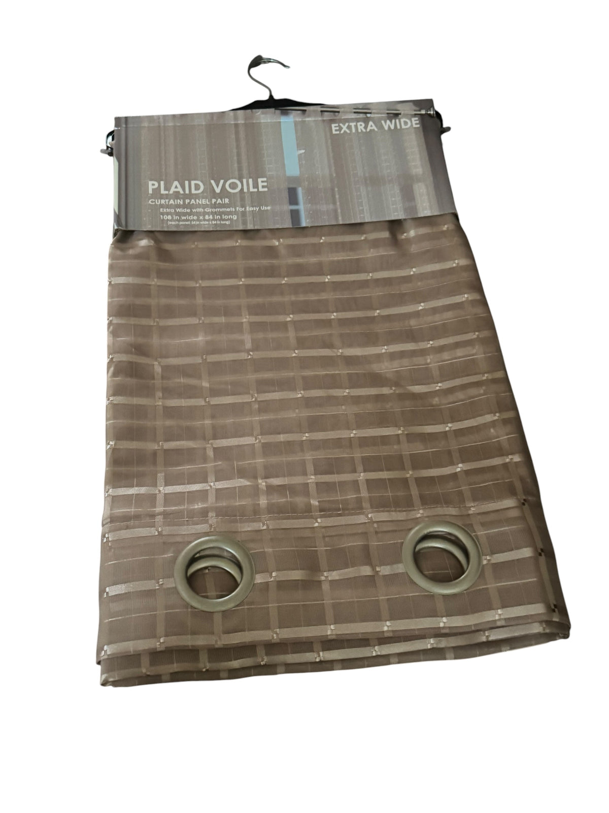 Plaid Voile Curtain Panel Pair 108" x 84" Extra Wide Grommet Top Coffee