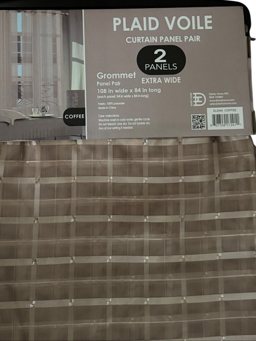 Plaid Voile Curtain Panel Pair 108" x 84" Extra Wide Grommet Top Coffee