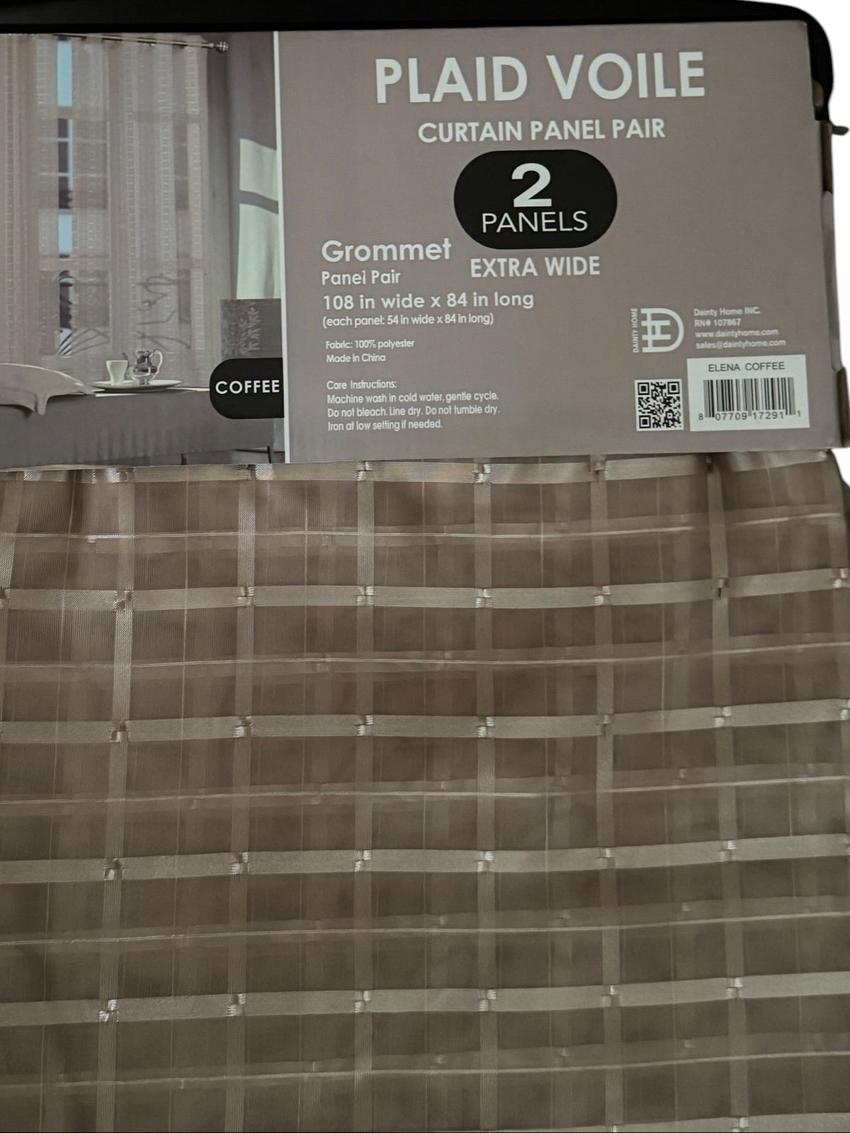Plaid Voile Curtain Panel Pair 108" x 84" Extra Wide Grommet Top Coffee