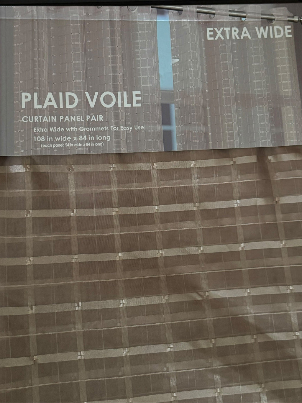 Plaid Voile Curtain Panel Pair 108" x 84" Extra Wide Grommet Top Coffee