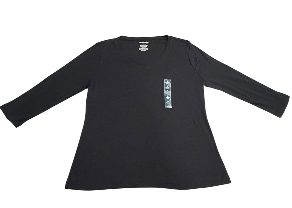 St. John's Bay Women's Medium Black 3/4 Sleeve V-Neck Cotton Top NWT