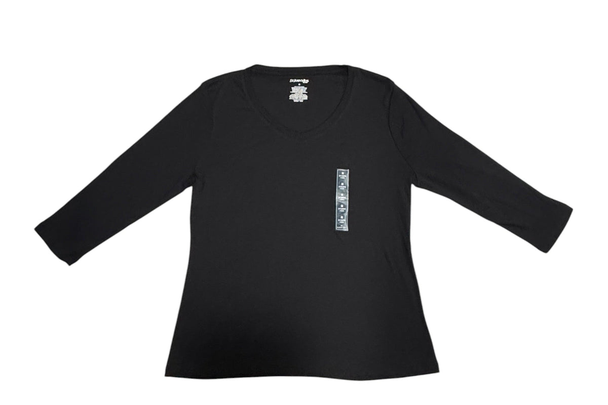 St. John's Bay Women's Medium Black 3/4 Sleeve V-Neck Cotton Top NWT