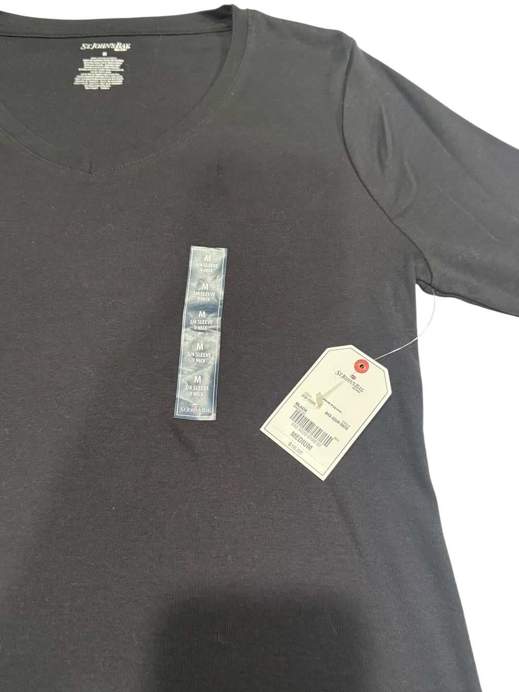St. John's Bay Women's Medium Black 3/4 Sleeve V-Neck Cotton Top NWT
