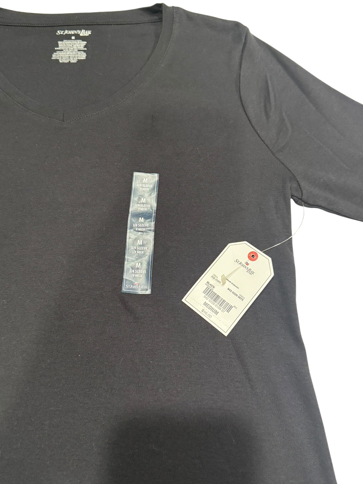 St. John's Bay Women's Medium Black 3/4 Sleeve V-Neck Cotton Top NWT