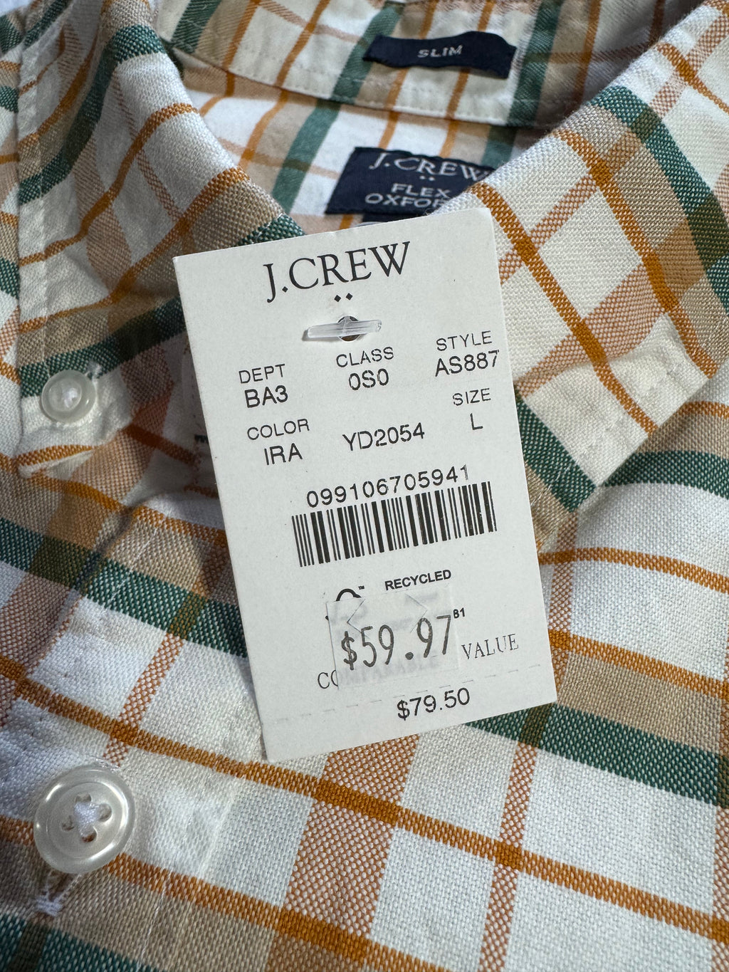 J.Crew Men’s Flex Oxford Slim-Fit Plaid Button-Down Shirt Large NWT