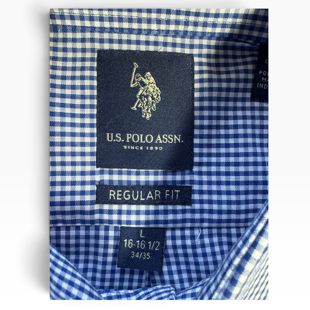 U.S. Polo Assn. Men’s Blue White Gingham Regular-Fit Shirt - Large (16–16.5)