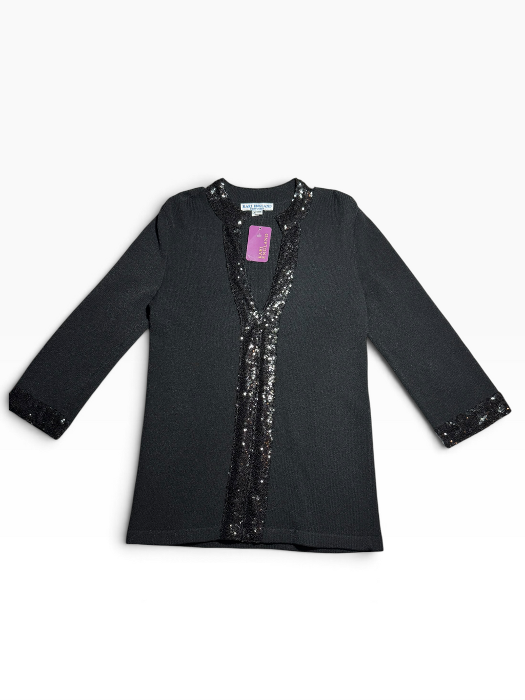 Kari England Nantucket Black Sequin-Trim Open-Front Cardigan XS - NWT