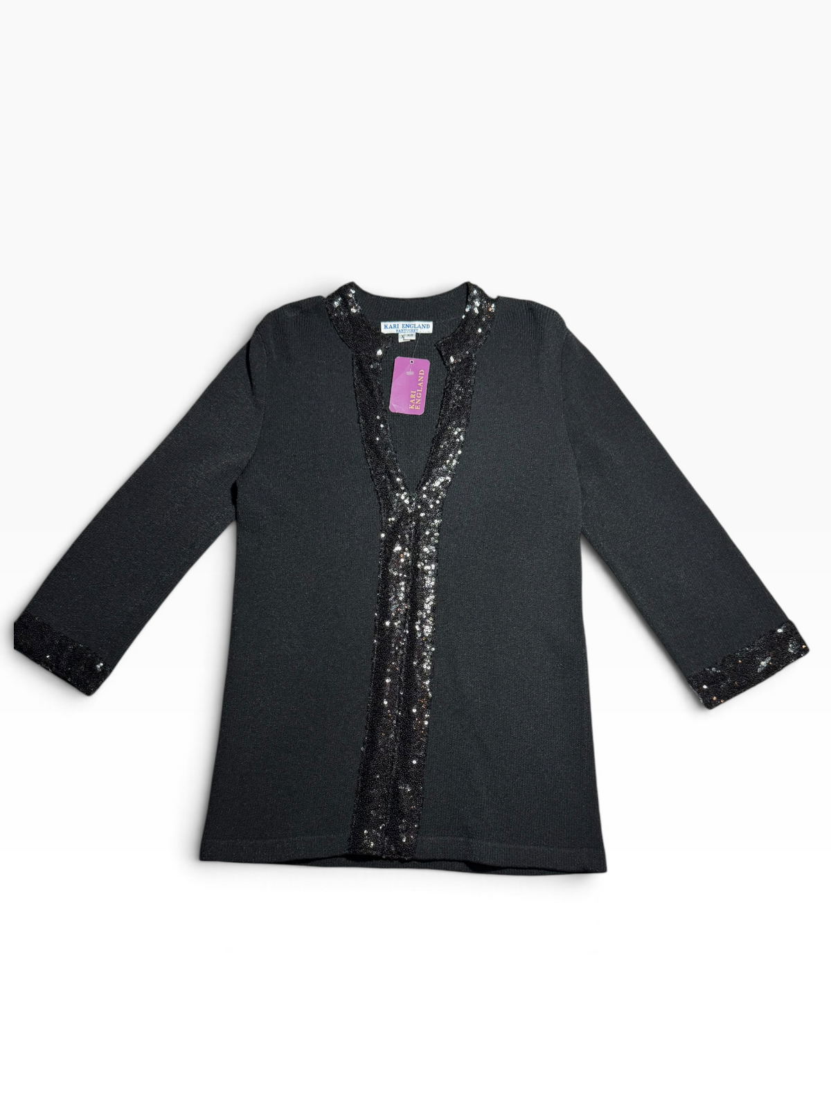 Kari England Nantucket Black Sequin-Trim Open-Front Cardigan XS - NWT