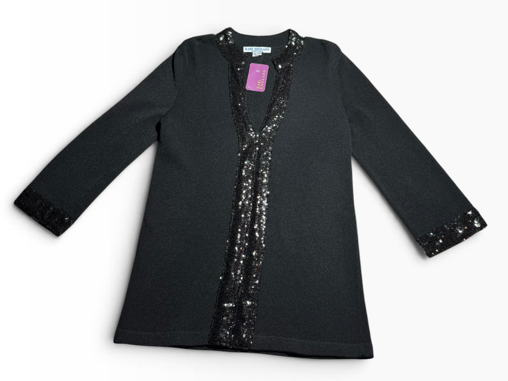 Kari England Nantucket Black Sequin-Trim Open-Front Cardigan XS - NWT