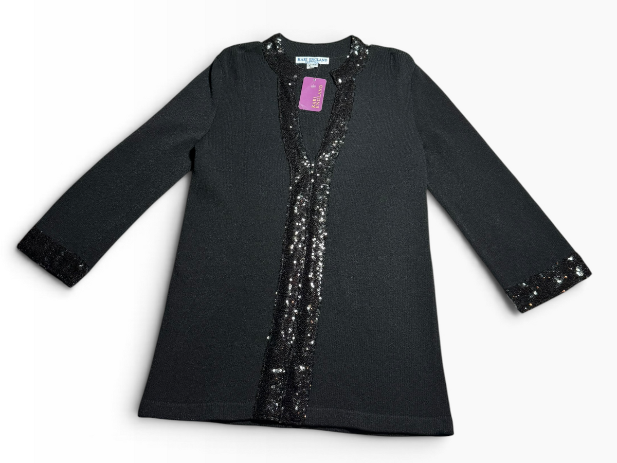 Kari England Nantucket Black Sequin-Trim Open-Front Cardigan XS - NWT