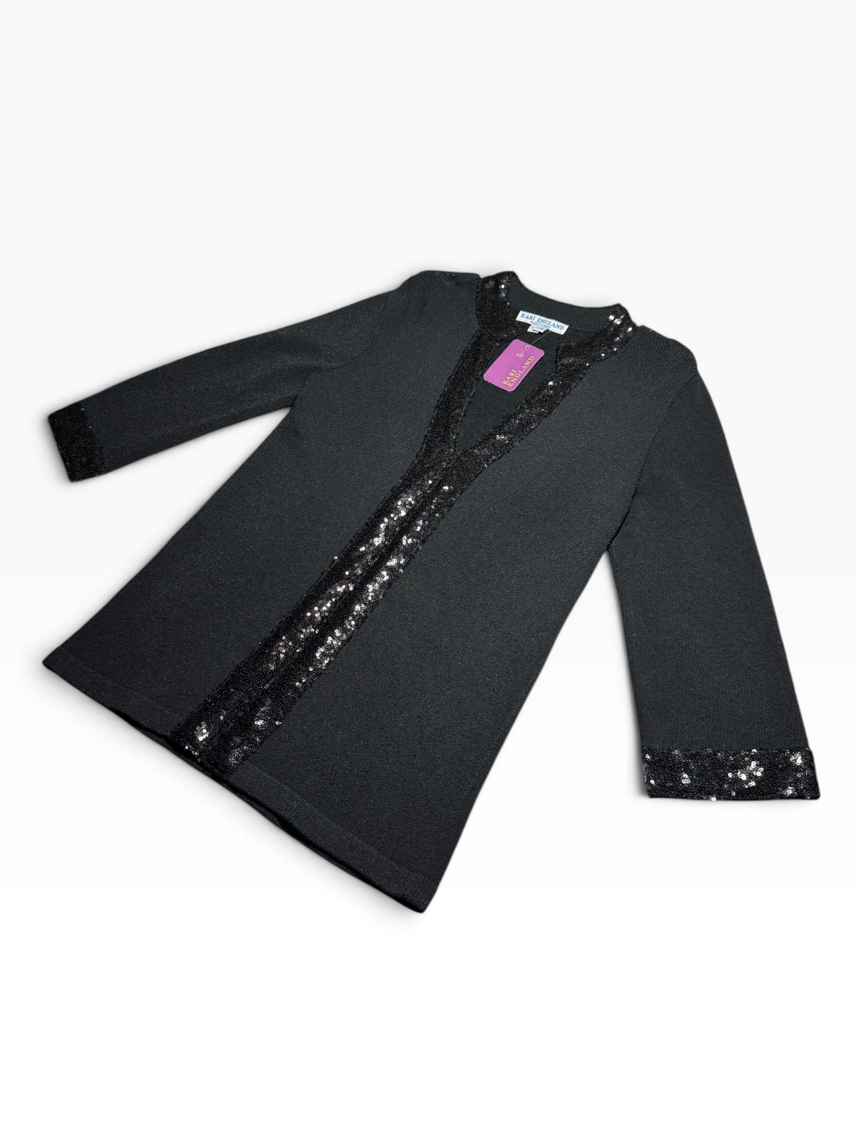 Kari England Nantucket Black Sequin-Trim Open-Front Cardigan XS - NWT