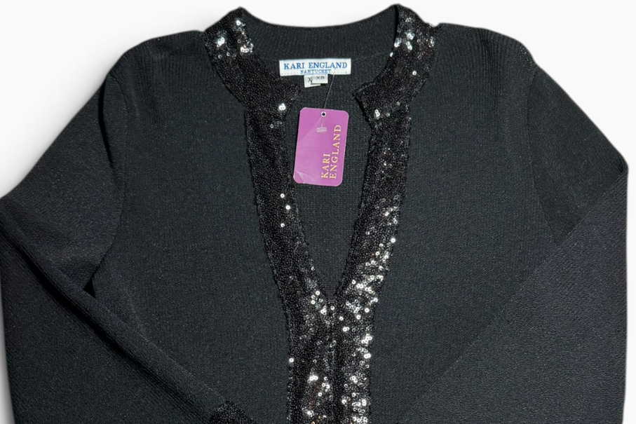 Kari England Nantucket Black Sequin-Trim Open-Front Cardigan XS - NWT