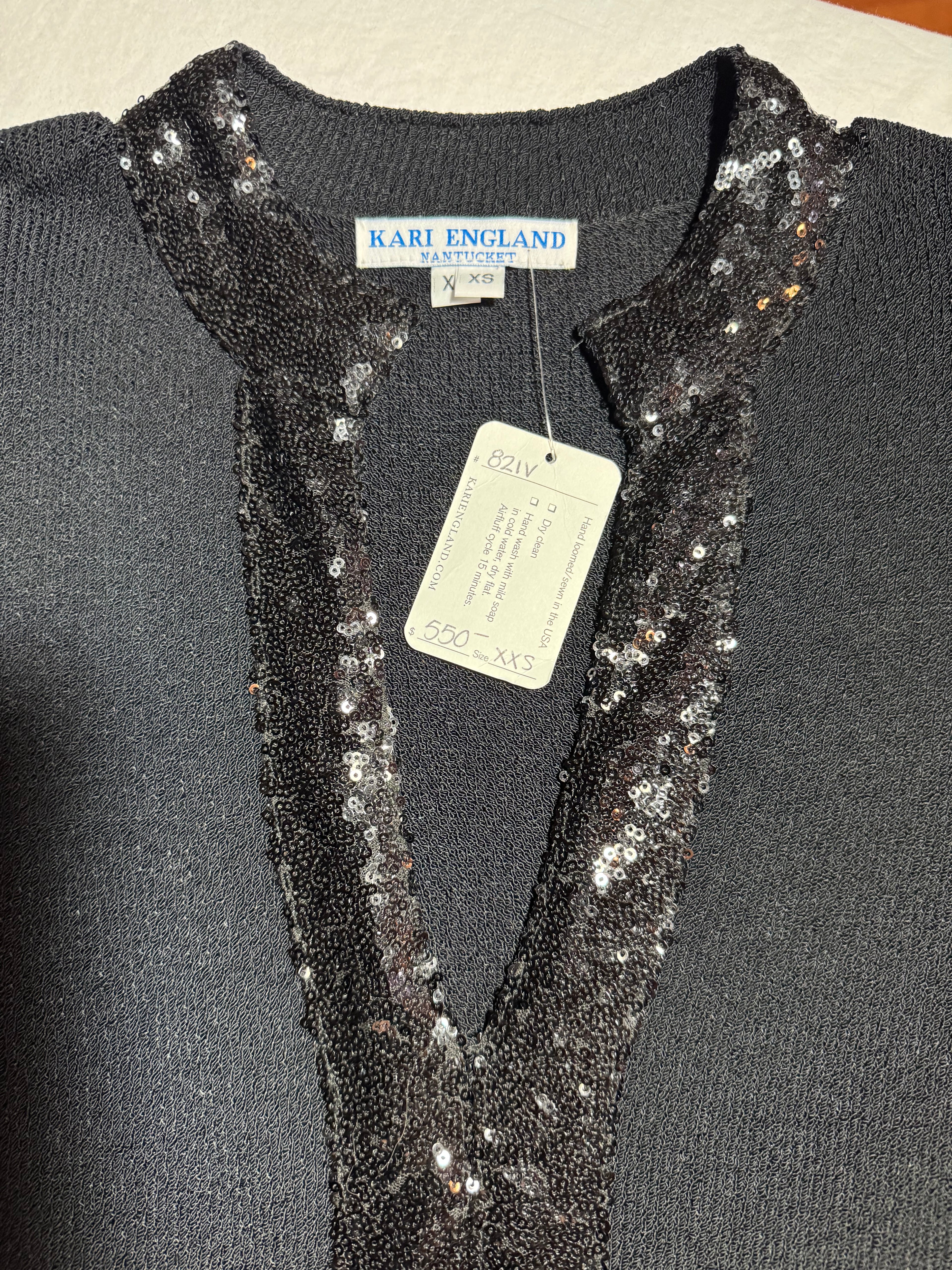 Kari England Nantucket Black Sequin-Trim Open-Front Cardigan XS - NWT