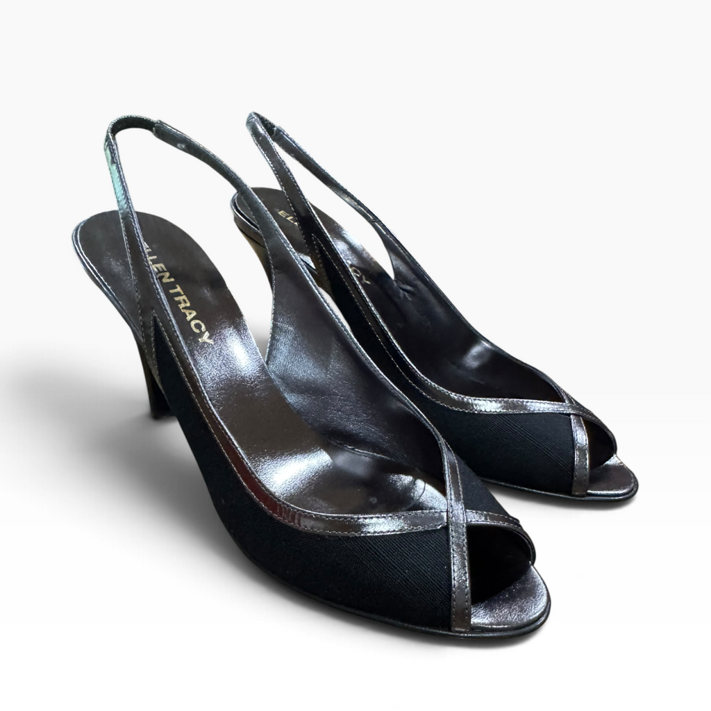 Ellen Tracy Women’s Black Linen Metallic Trim Peep-Toe Slingback Heels Size 9.5 M - New