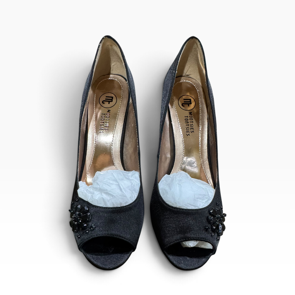 Mootsies Tootsies Women’s Size 10 Black Satin Jeweled Peep-Toe Pumps 3.75-Inch Heels - New