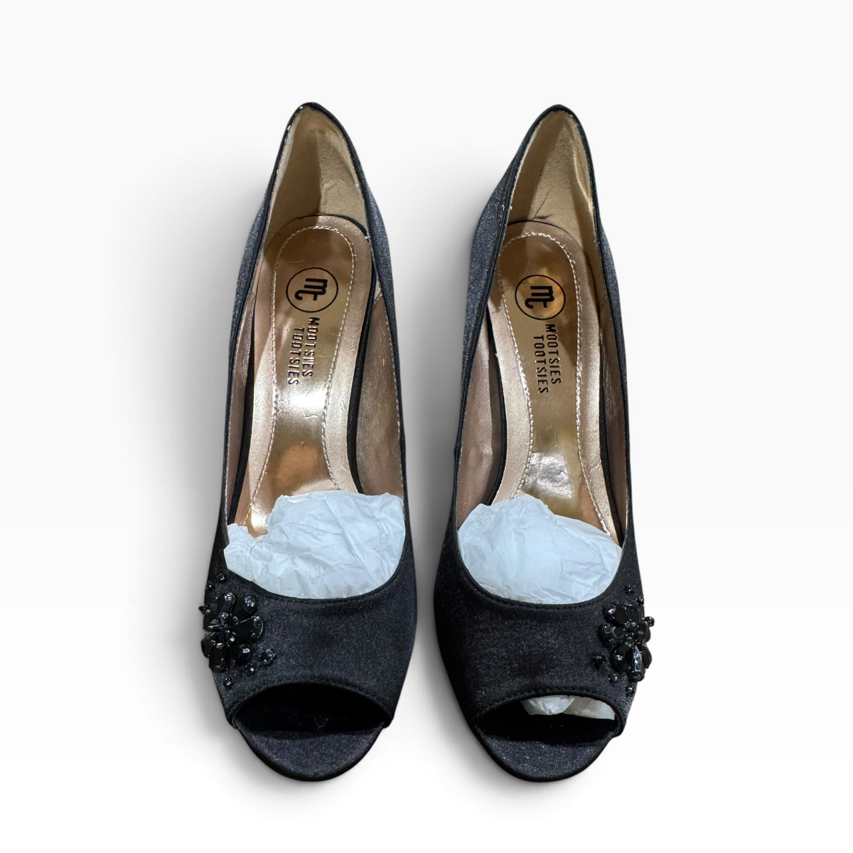 Mootsies Tootsies Women’s Size 10 Black Satin Jeweled Peep-Toe Pumps 3.75-Inch Heels - New
