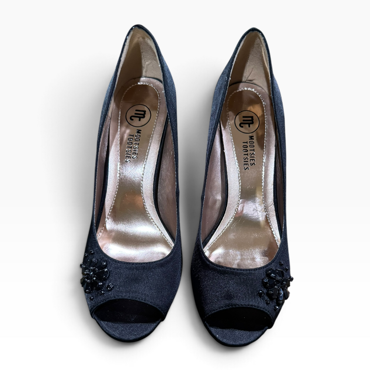 Mootsies Tootsies Women’s Size 10 Black Satin Jeweled Peep-Toe Pumps 3.75-Inch Heels - New