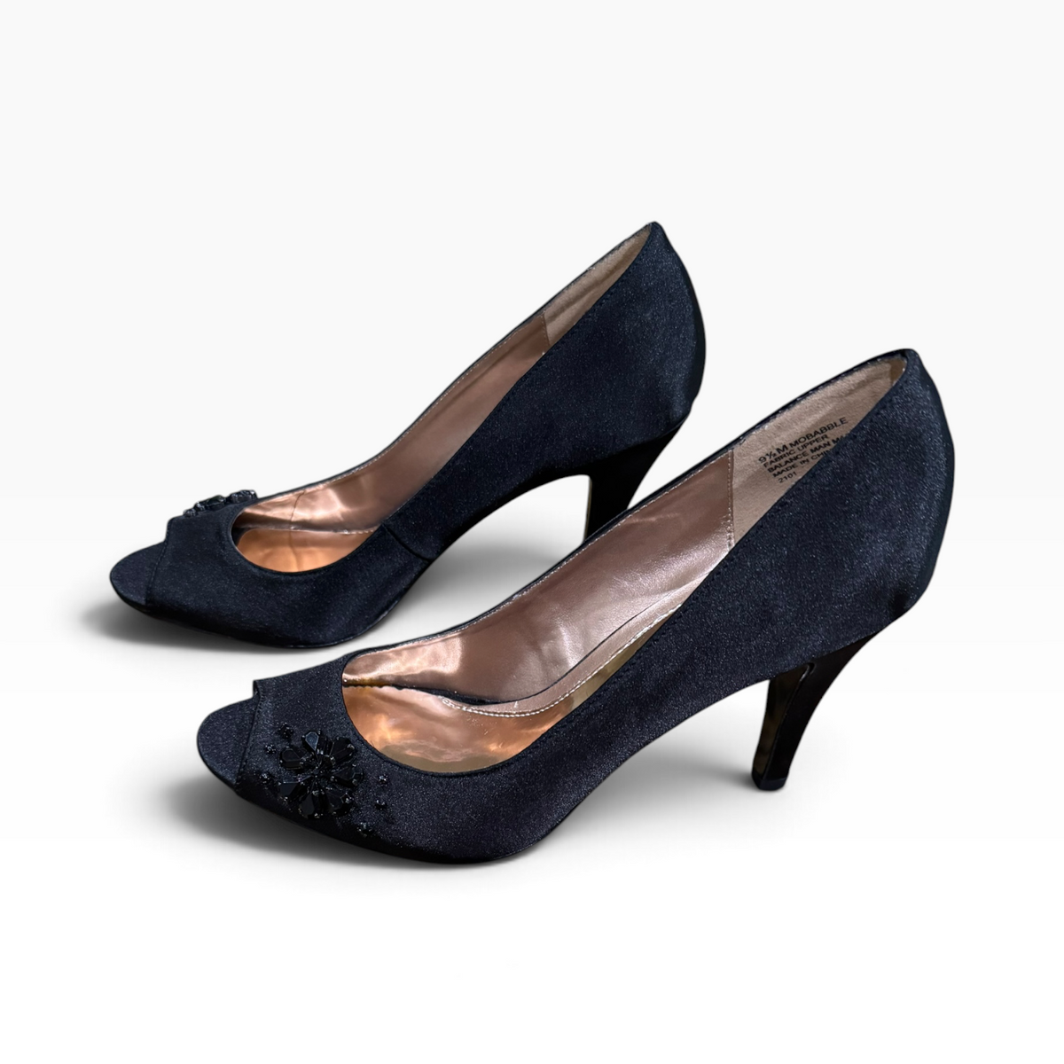 Mootsies Tootsies Women’s Size 10 Black Satin Jeweled Peep-Toe Pumps 3.75-Inch Heels - New