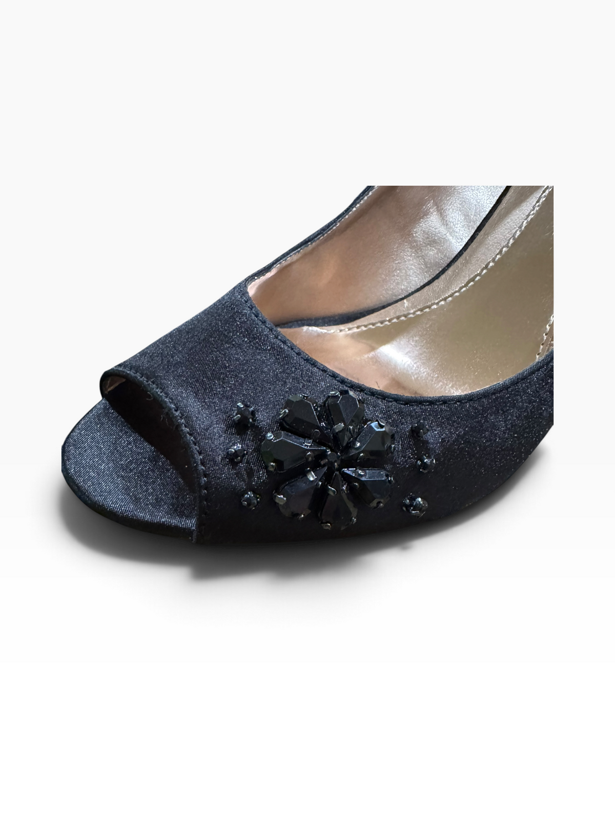 Mootsies Tootsies Women’s Size 10 Black Satin Jeweled Peep-Toe Pumps 3.75-Inch Heels - New