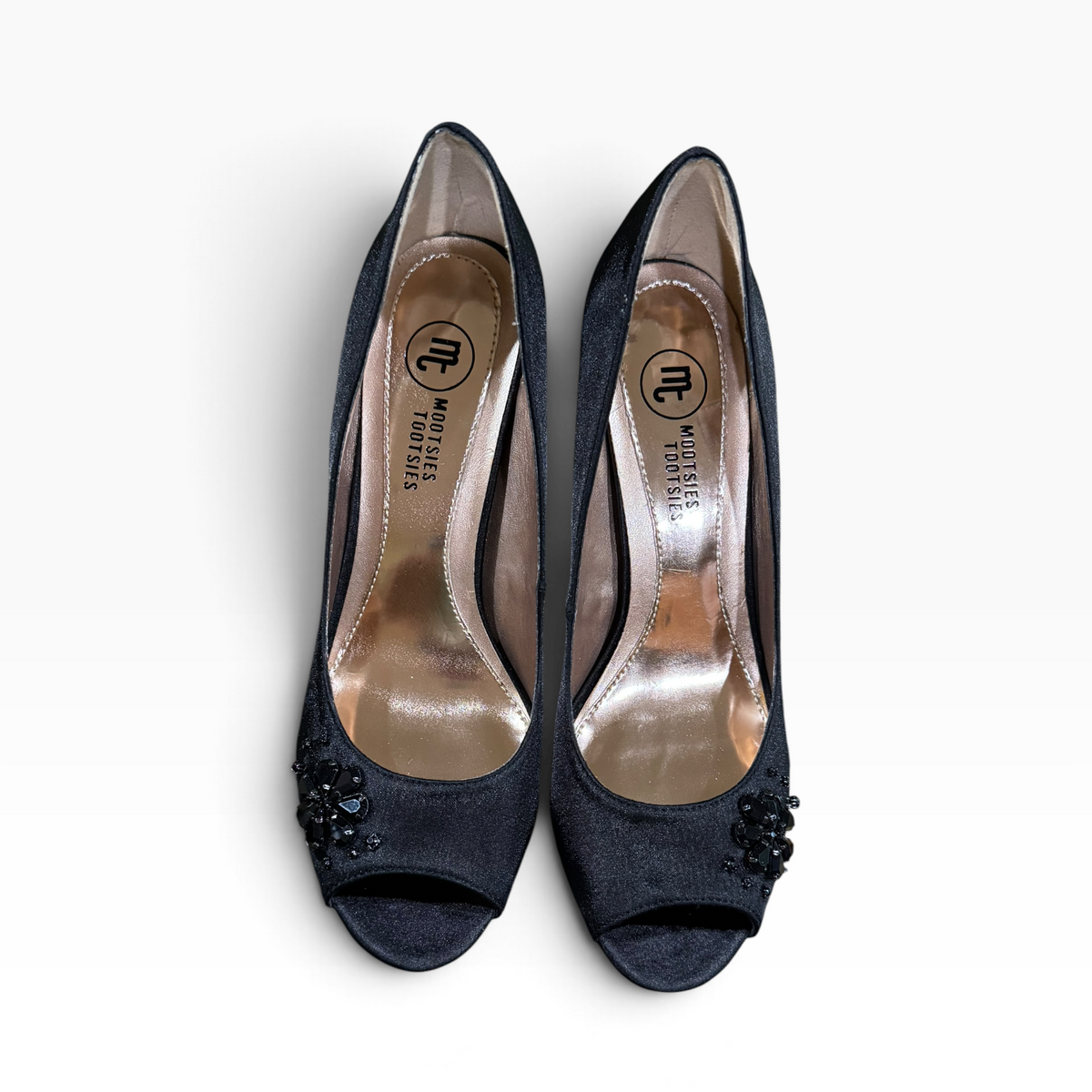 Mootsies Tootsies Women’s Size 10 Black Satin Jeweled Peep-Toe Pumps 3.75-Inch Heels - New