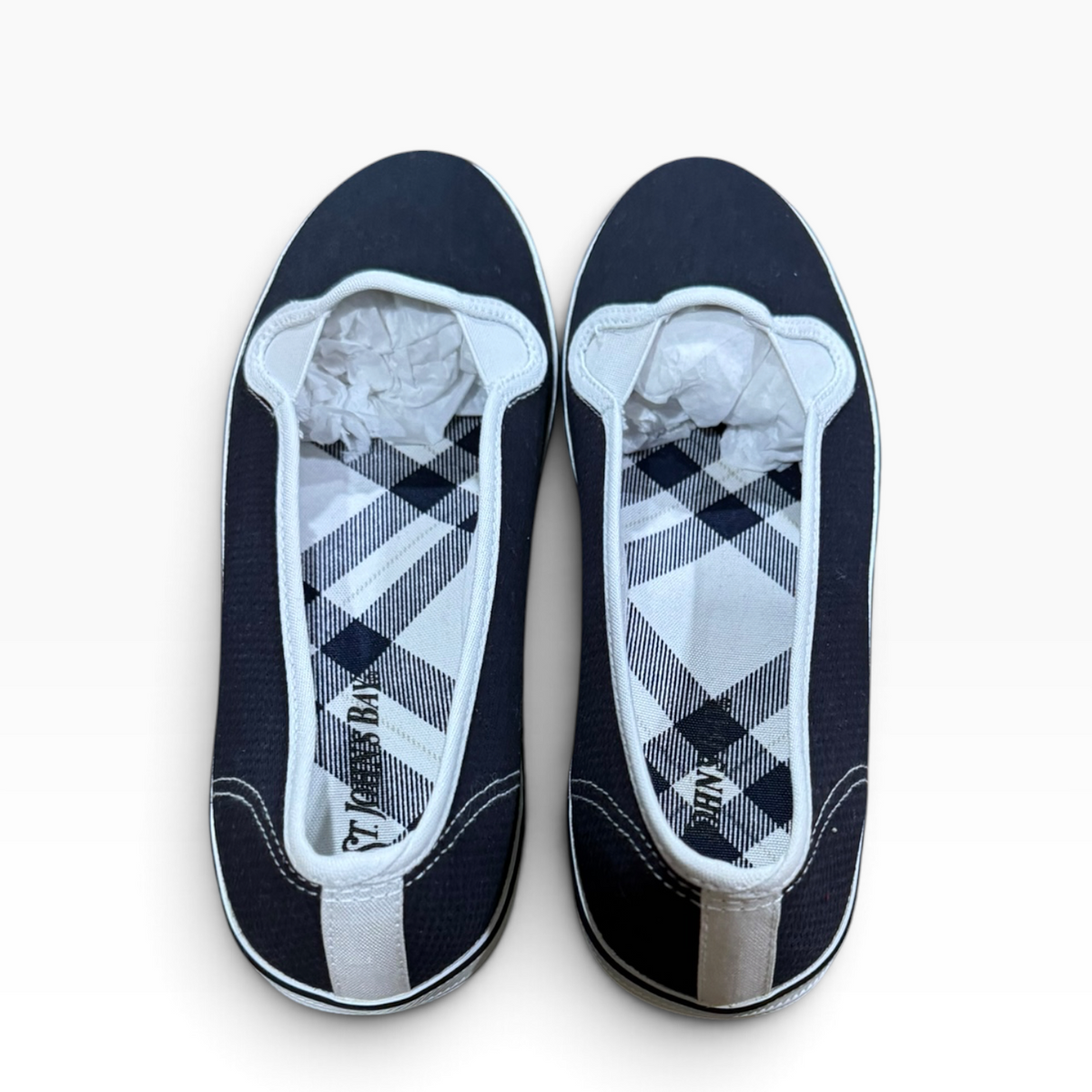 St. John’s Bay Women’s 7.5M Navy Canvas Plaid-Lined Slip-On Shoes - New