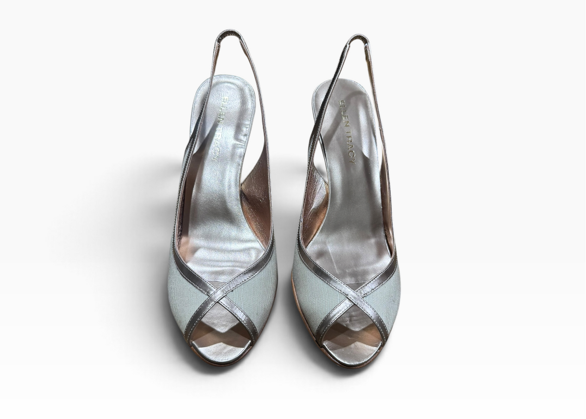 Ellen Tracy Fiona Linen Women’s 9.5M Ecru Champagne Slingback Heels - New