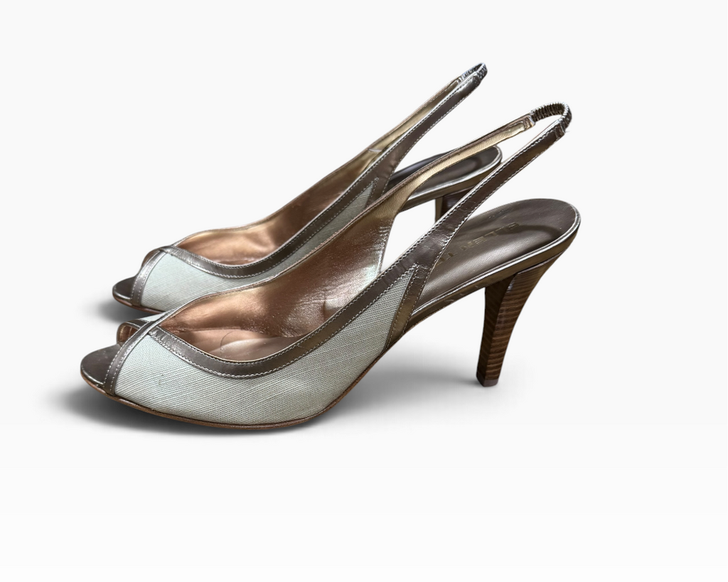 Ellen Tracy Fiona Linen Women’s 9.5M Ecru Champagne Slingback Heels - New