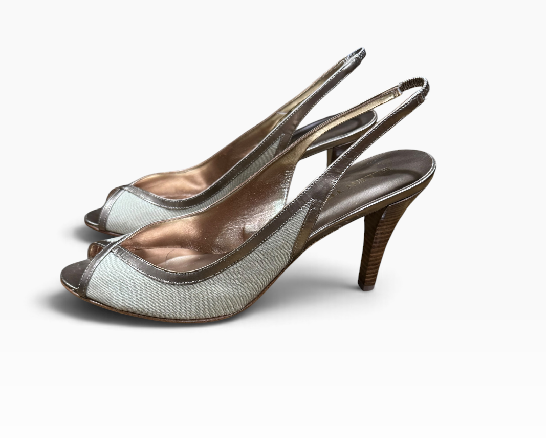 Ellen Tracy Fiona Linen Women’s 9.5M Ecru Champagne Slingback Heels - New