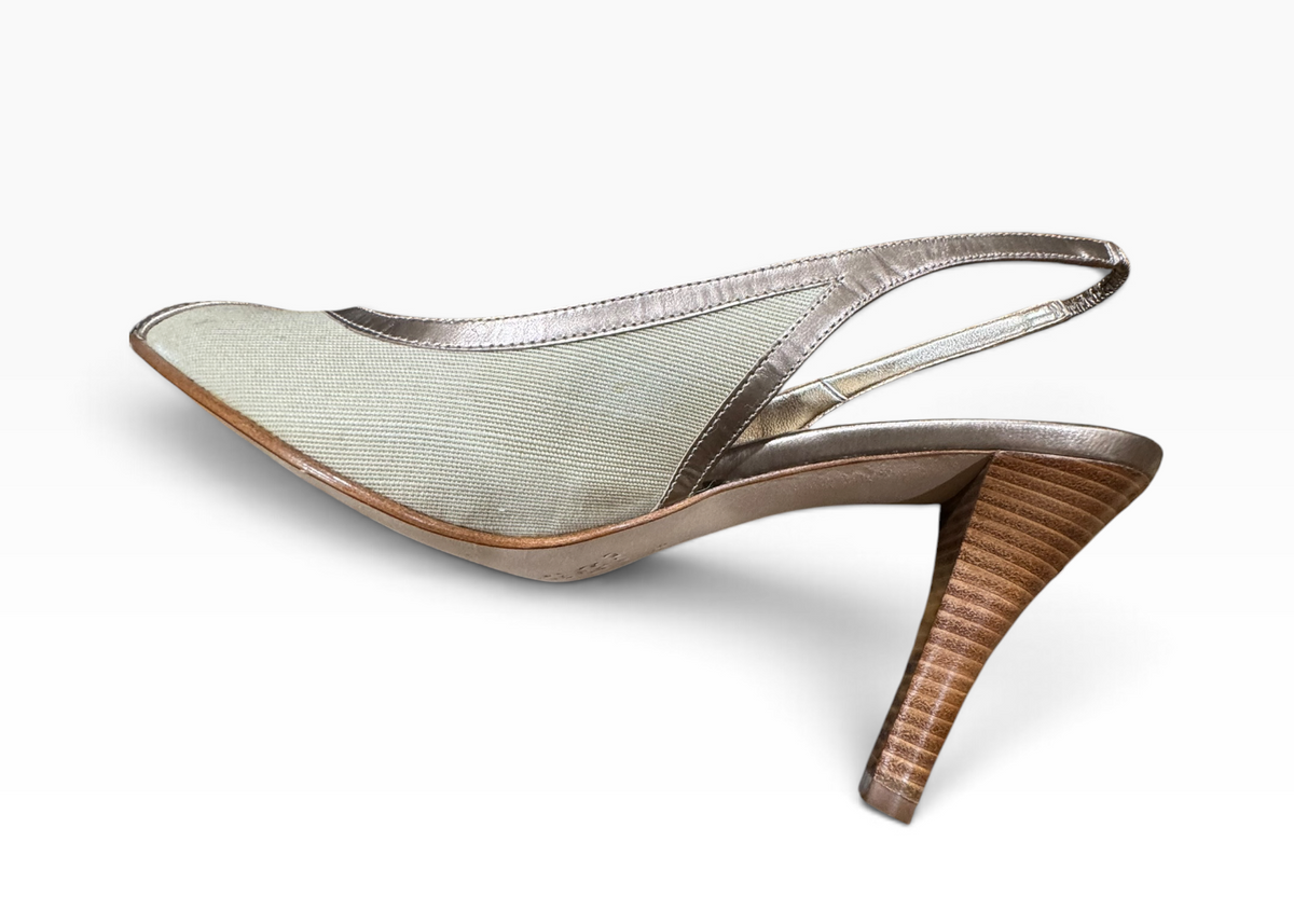 Ellen Tracy Fiona Linen Women’s 9.5M Ecru Champagne Slingback Heels - New