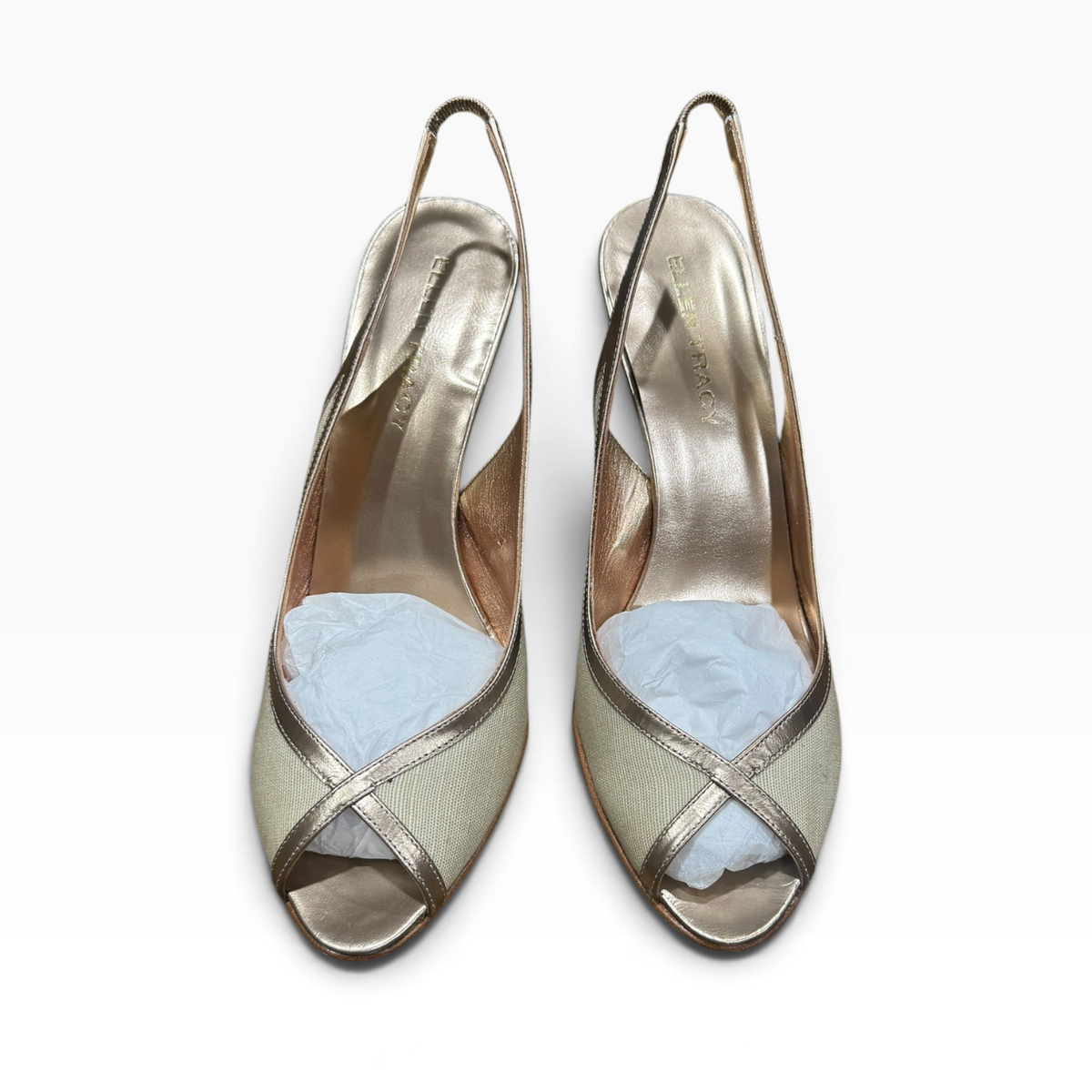 Ellen Tracy Fiona Linen Women’s 9.5M Ecru Champagne Slingback Heels - New
