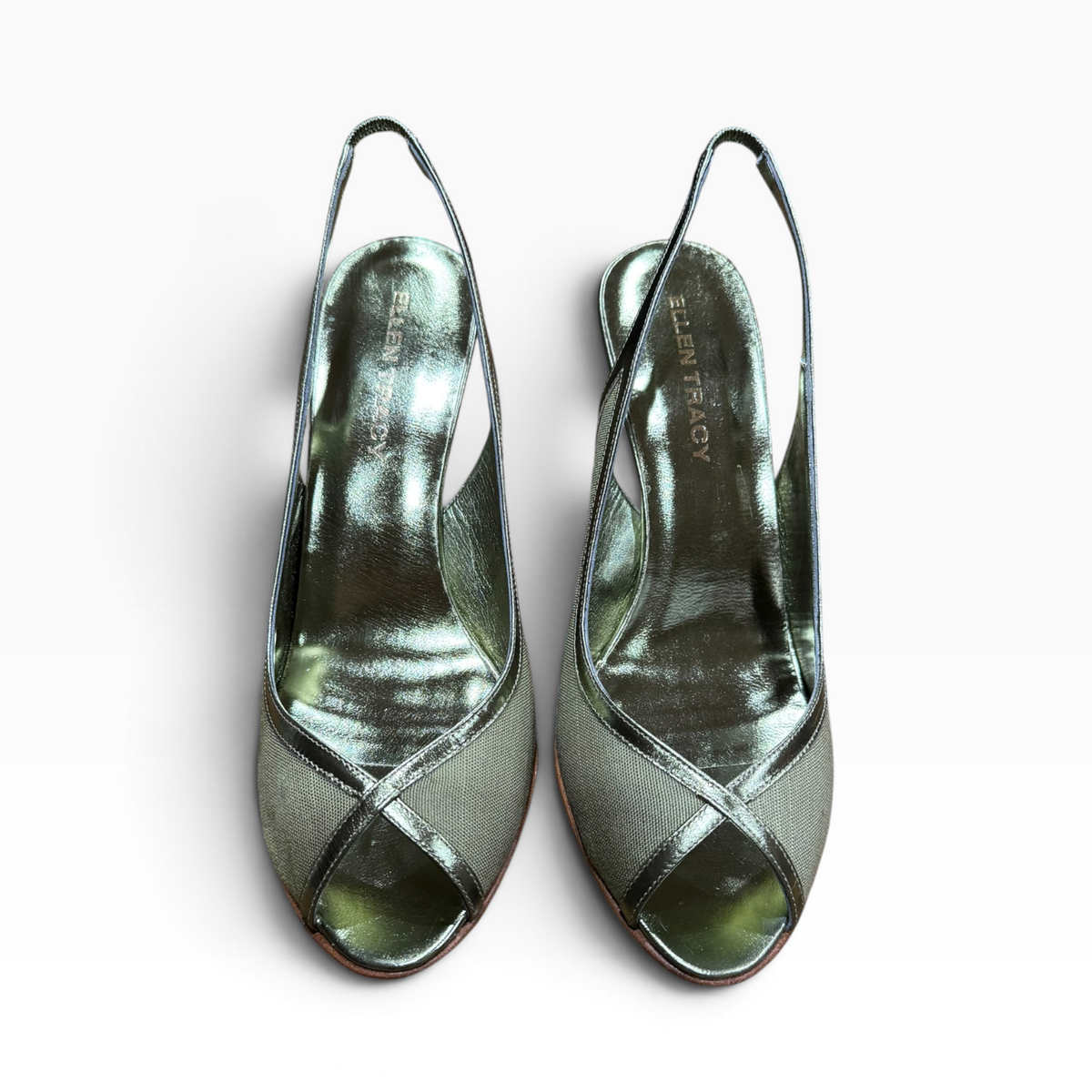 Ellen Tracy Women’s 9.5M Metallic Olive Peep-Toe Slingback Heels Made in Italy - New