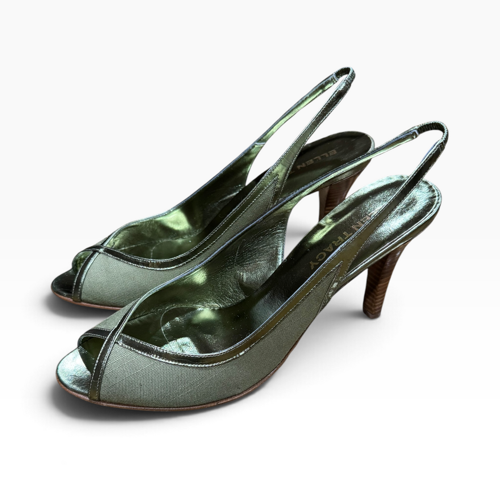 Ellen Tracy Women’s 9.5M Metallic Olive Peep-Toe Slingback Heels Made in Italy - New