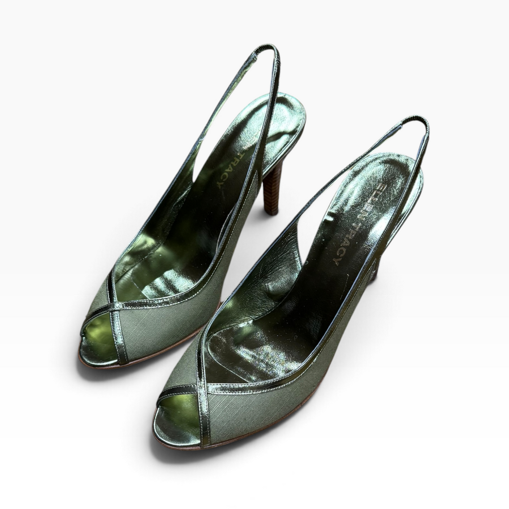 Ellen Tracy Women’s 9.5M Metallic Olive Peep-Toe Slingback Heels Made in Italy - New