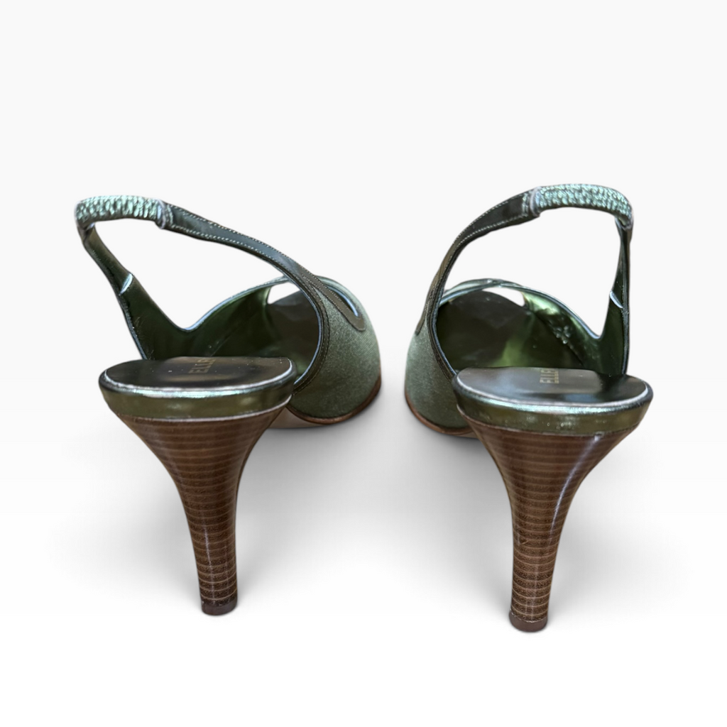 Ellen Tracy Women’s 9.5M Metallic Olive Peep-Toe Slingback Heels Made in Italy - New