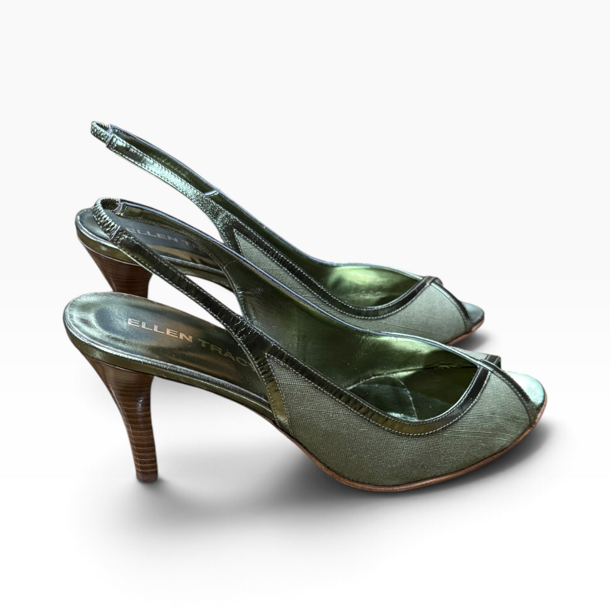 Ellen Tracy Women’s 9.5M Metallic Olive Peep-Toe Slingback Heels Made in Italy - New