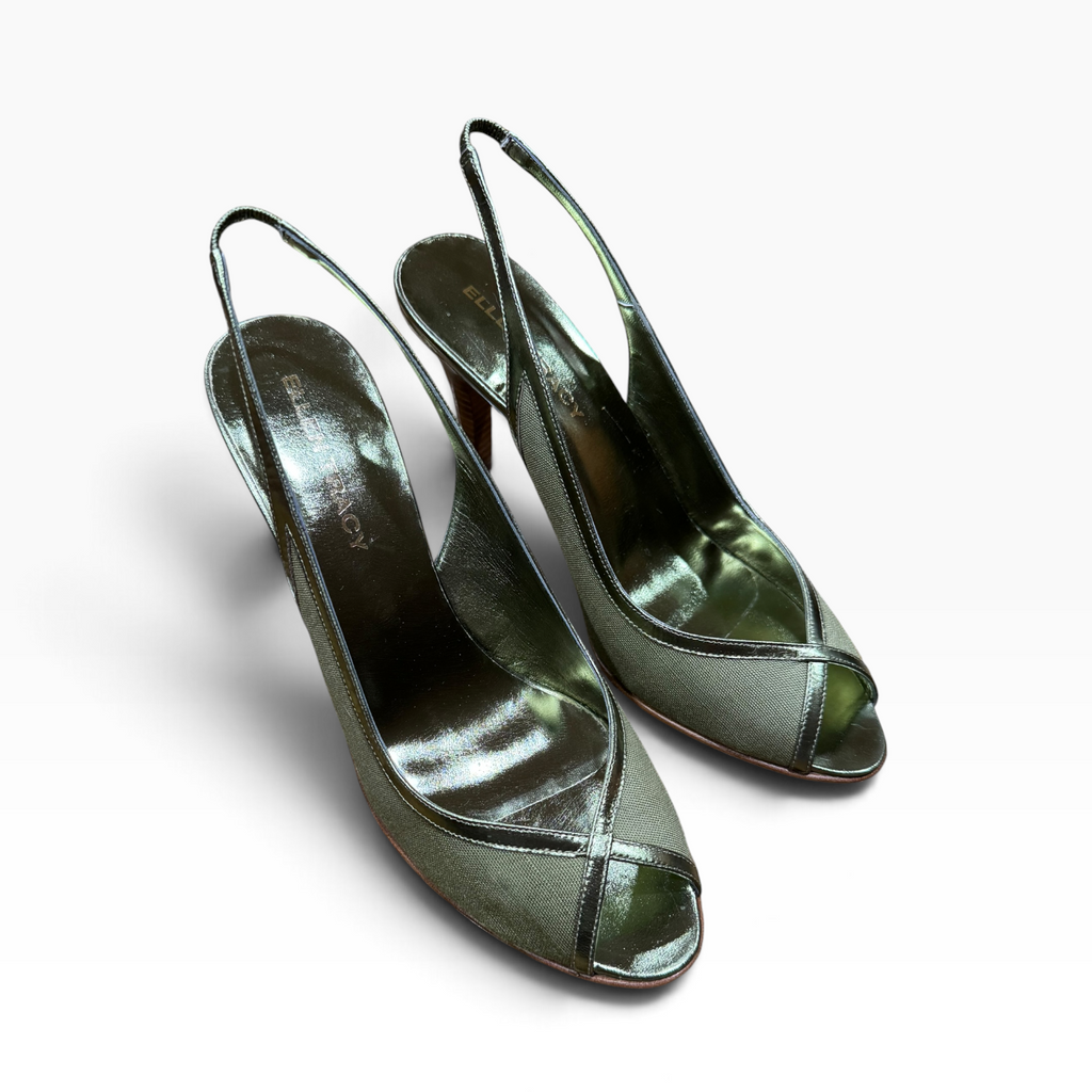 Ellen Tracy Women’s 9.5M Metallic Olive Peep-Toe Slingback Heels Made in Italy - New