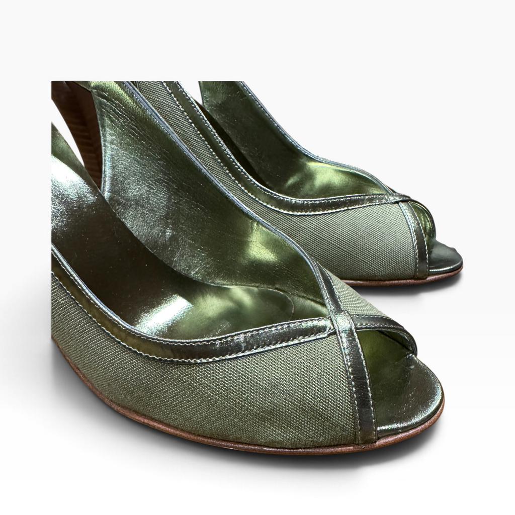 Ellen Tracy Women’s 9.5M Metallic Olive Peep-Toe Slingback Heels Made in Italy - New