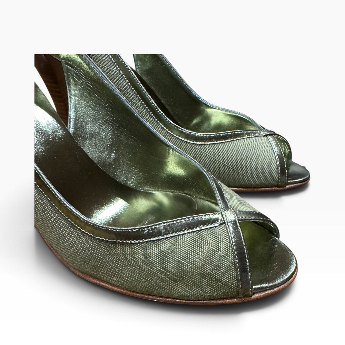 Ellen Tracy Women’s 9.5M Metallic Olive Peep-Toe Slingback Heels Made in Italy - New