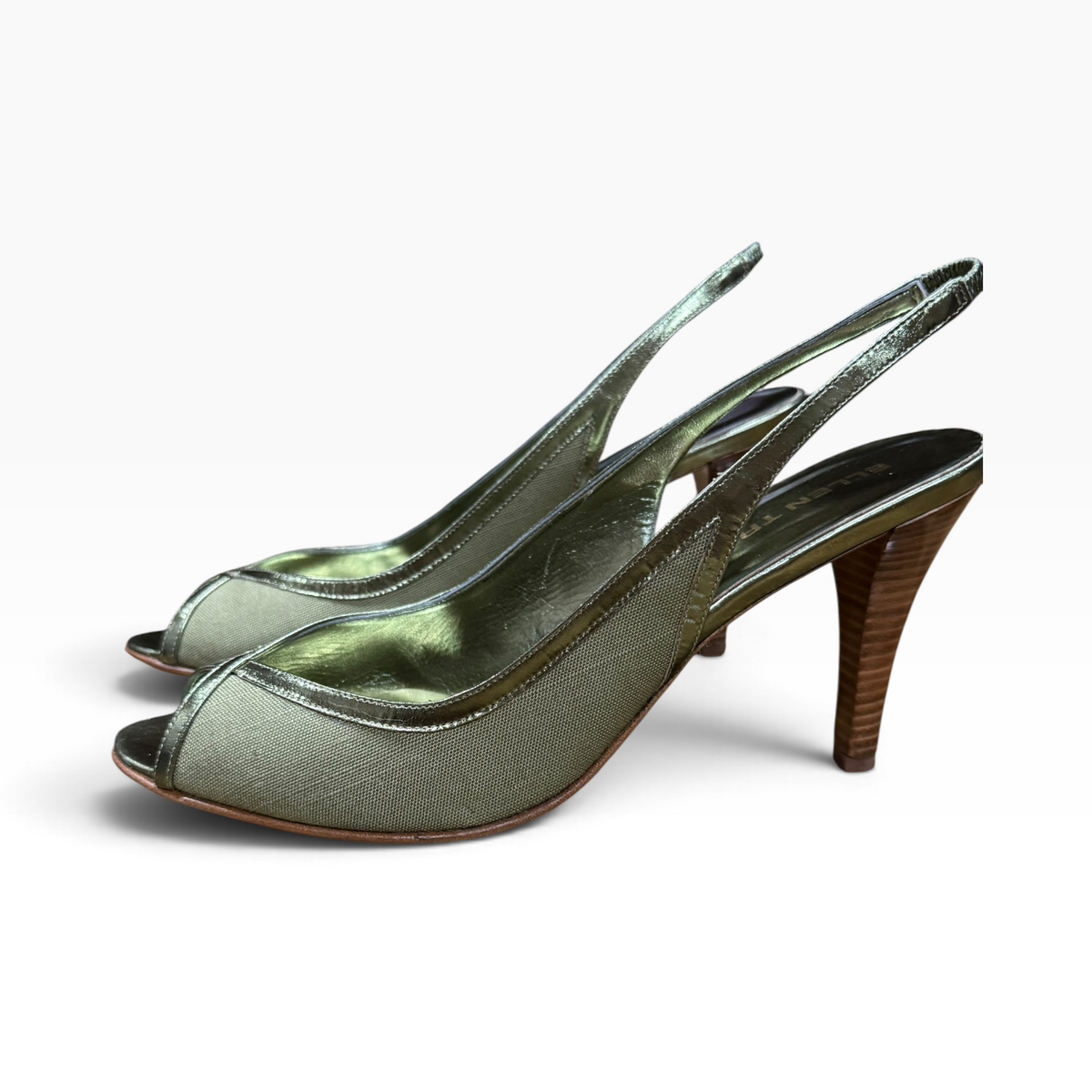 Ellen Tracy Women’s 9.5M Metallic Olive Peep-Toe Slingback Heels Made in Italy - New