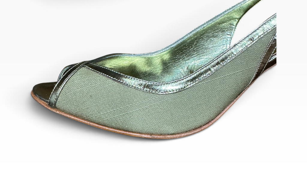 Ellen Tracy Women’s 9.5M Metallic Olive Peep-Toe Slingback Heels Made in Italy - New