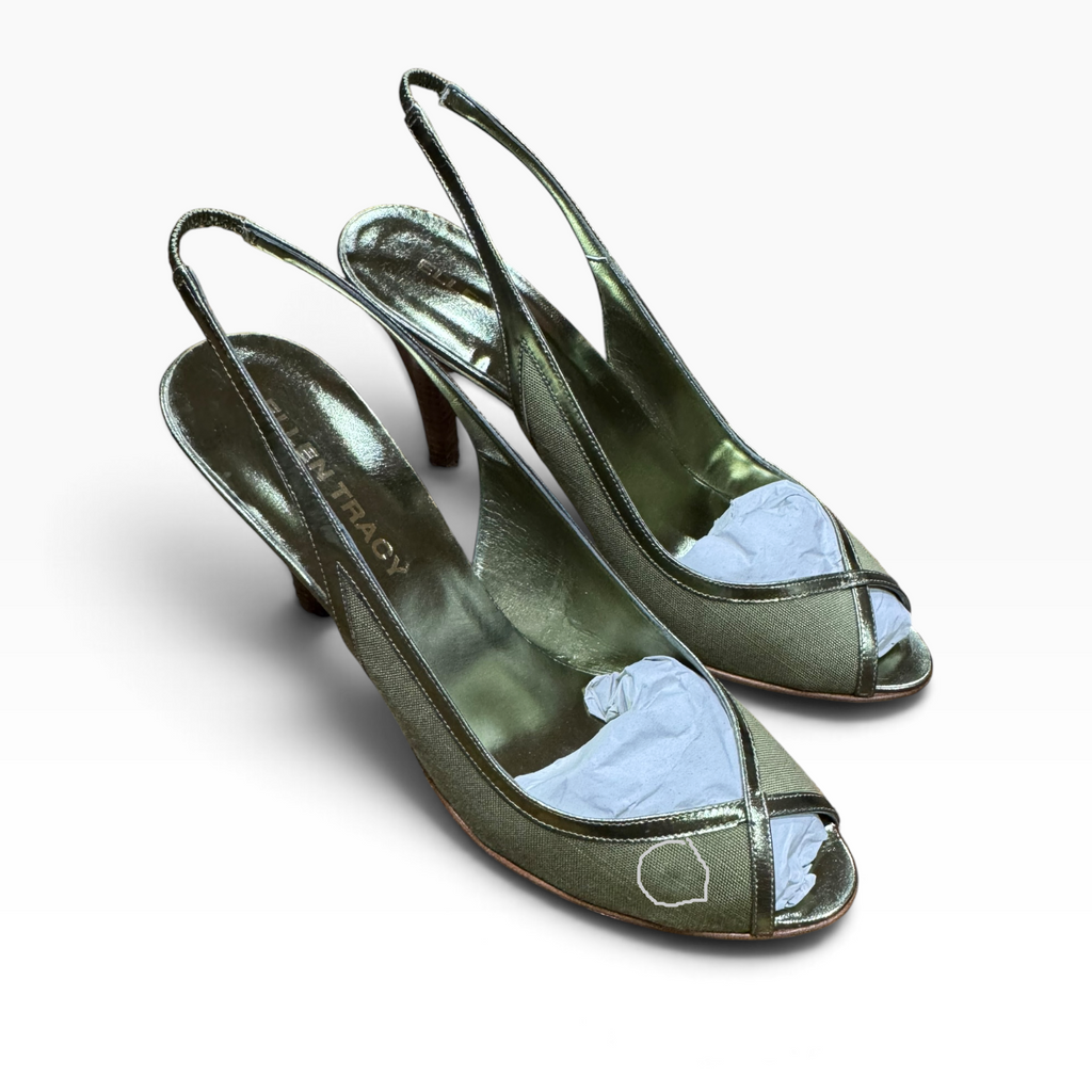 Ellen Tracy Women’s 9.5M Metallic Olive Peep-Toe Slingback Heels Made in Italy - New