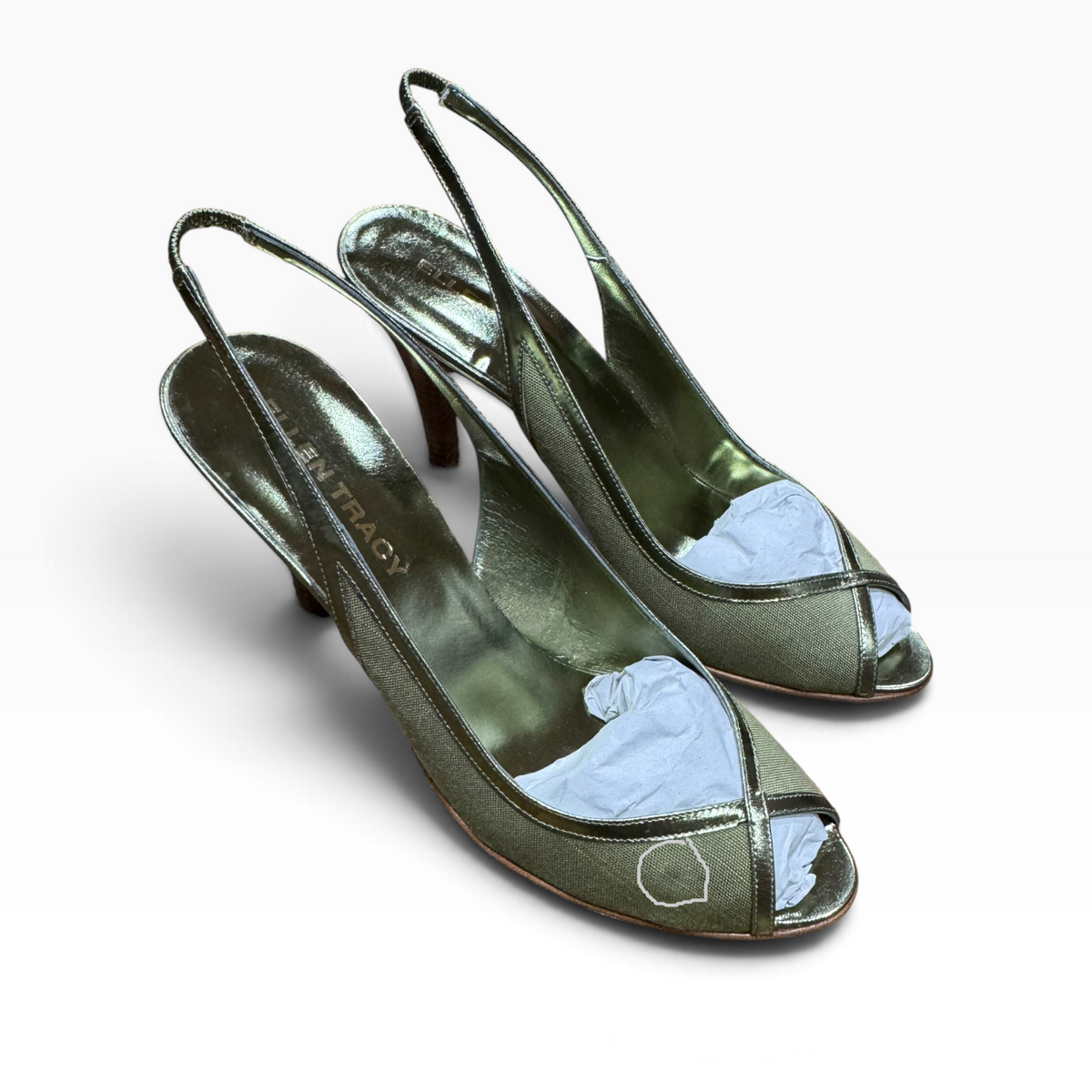 Ellen Tracy Women’s 9.5M Metallic Olive Peep-Toe Slingback Heels Made in Italy - New