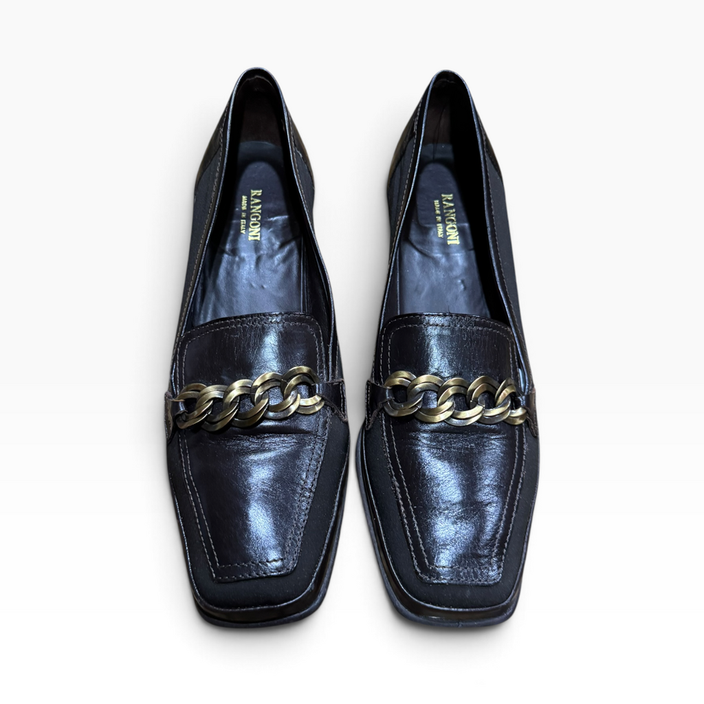 Rangoni Cortese Women’s 10M Dark Brown Calf Leather Chain Loafer Pumps Italy - Pre-owned