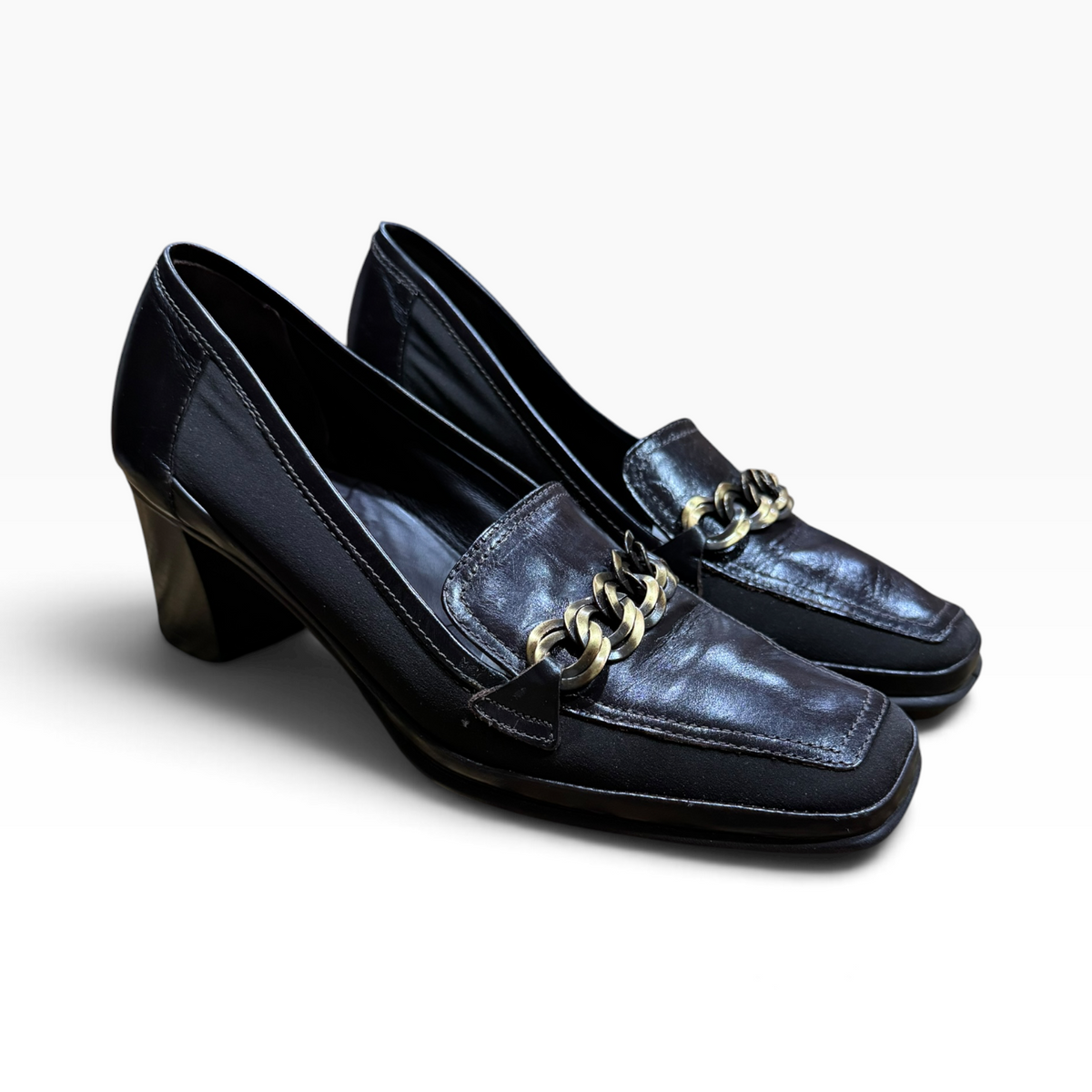 Rangoni Cortese Women’s 10M Dark Brown Calf Leather Chain Loafer Pumps Italy - Pre-owned
