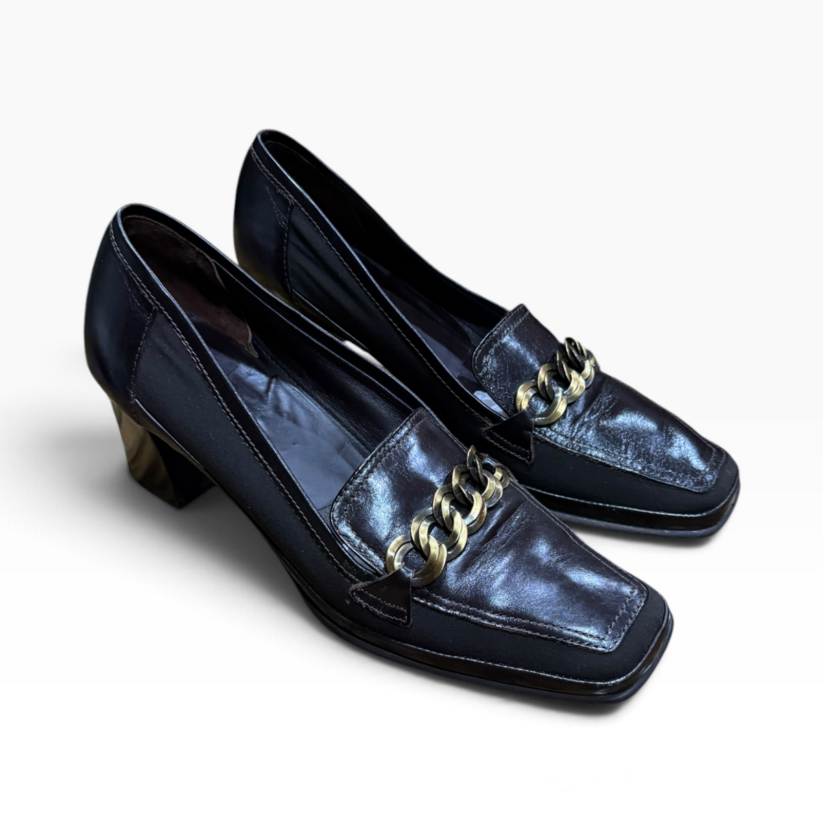Rangoni Cortese Women’s 10M Dark Brown Calf Leather Chain Loafer Pumps Italy - Pre-owned