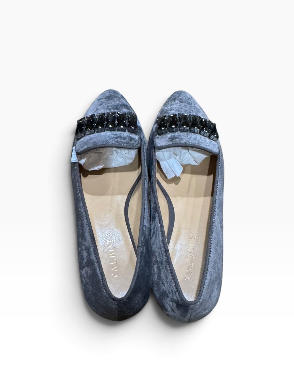 Talbots Edison Stone Gray Velvet Jeweled Flats Women’s 8.5M - Pre-owned like new/excellent condition